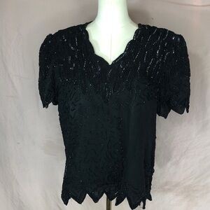 Black Beaded Short Sleeve Women's Top Size Large XL